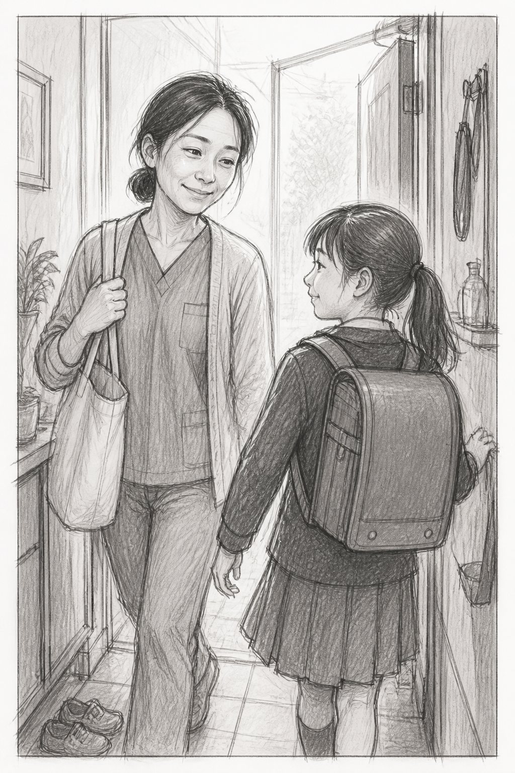 カット2:玄関ですれ違う母と娘