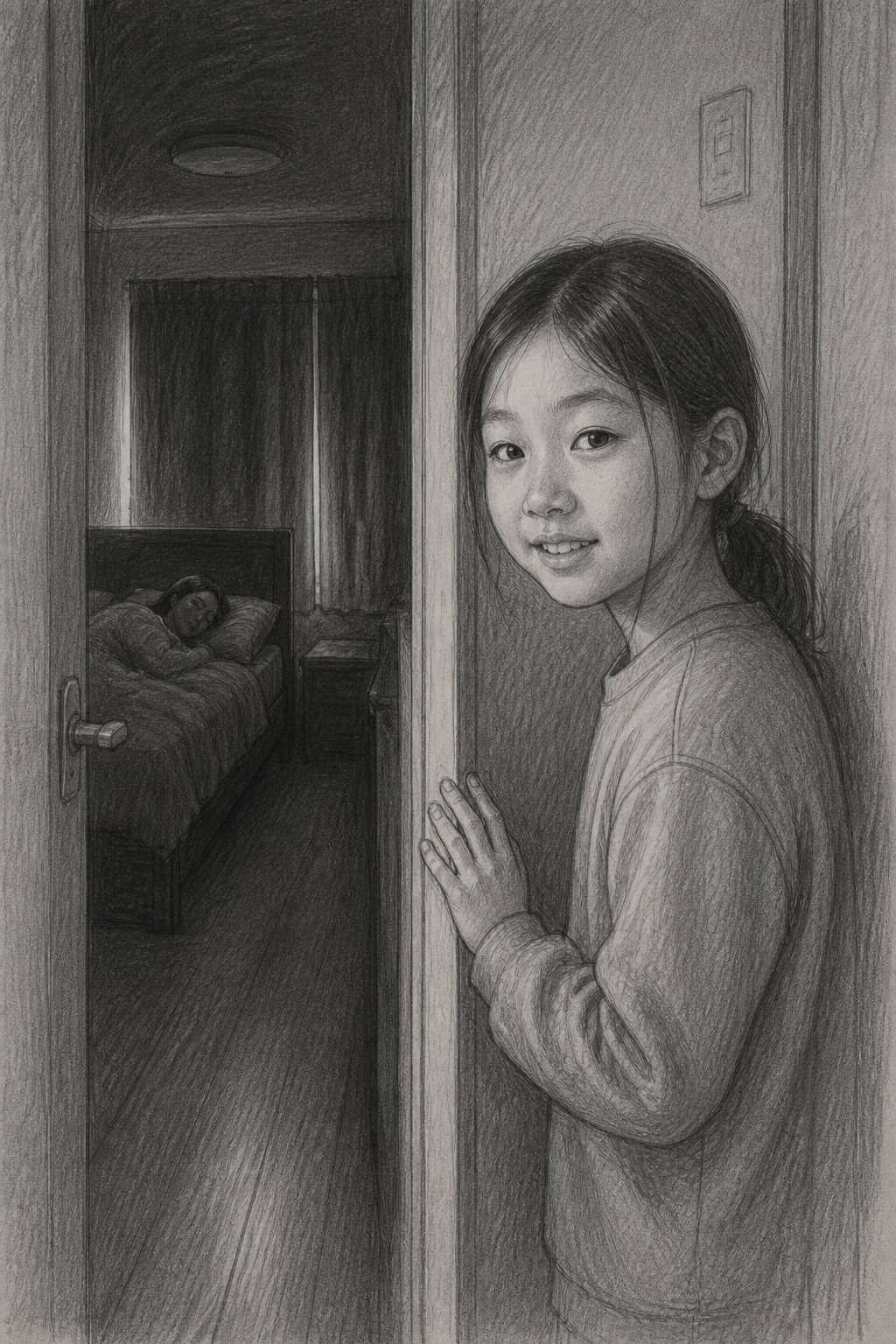 カット3:眠る母をドアの隙間から見守る娘
